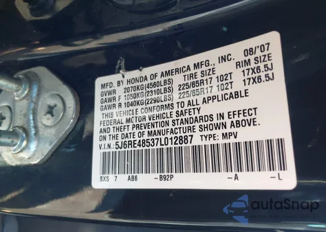 2007 Honda Cr-V Ex from USA, damaged, VIN 5J6RE48537L012887